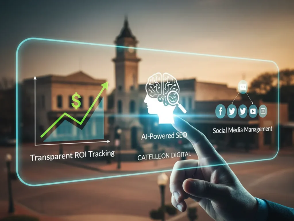 Digital marketing strategy for Granbury, TX showing a hand interacting with a holographic interface that overlays a local town square. Icons represent AI-Powered SEO, Social Media Management, and Transparent ROI Tracking with an upward-trending dollar graph.