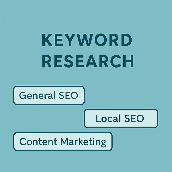 Teal digital graphic showing keyword research concepts labeled General SEO, Local SEO, and Content Marketing.