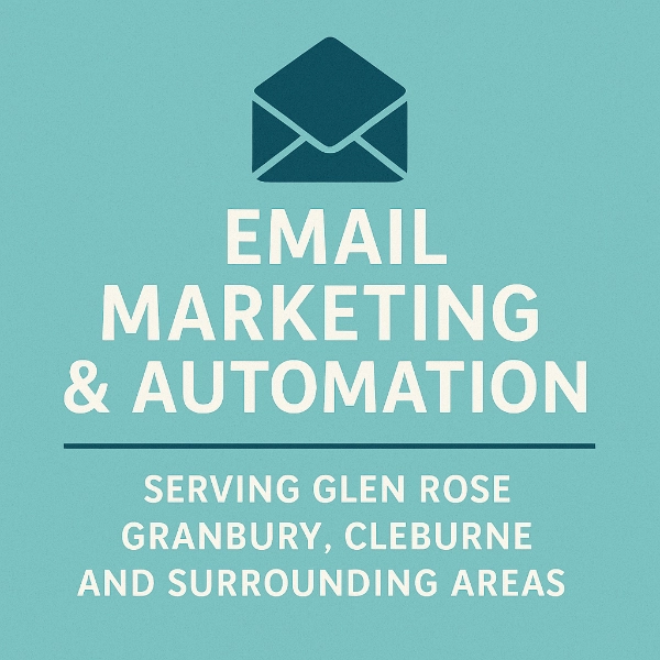 Teal infographic with envelope icon reading ‘Email Marketing & Automation – Serving Glen Rose, Granbury, Cleburne, and Surrounding Areas.’