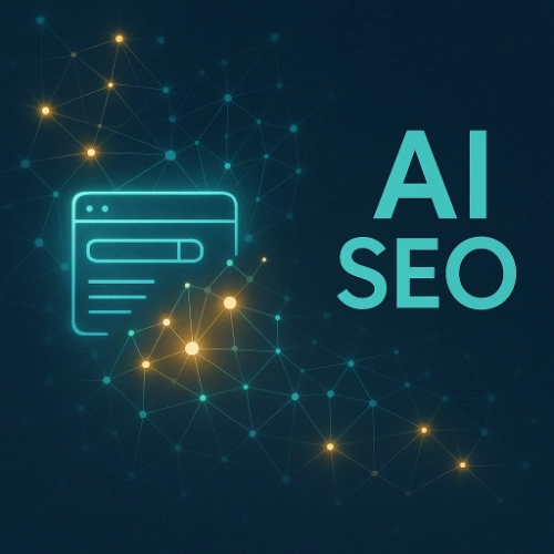 Futuristic AI SEO illustration with glowing neural network and interconnected website nodes in teal and gold tones.