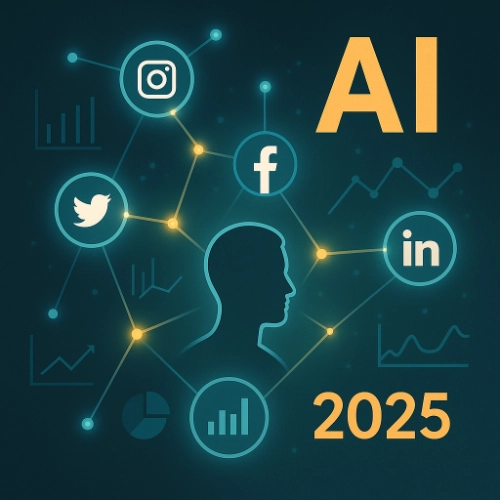 Futuristic AI social media marketing illustration with glowing network connecting social icons and analytics graphs labeled 2025.