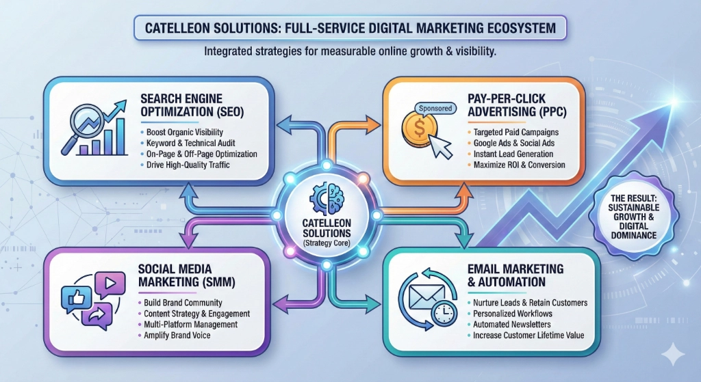 Infographic illustrating the Catelleon Solutions full-service digital marketing ecosystem, showing how SEO, PPC, Social Media Marketing, and Email Automation connect to drive sustainable growth.
