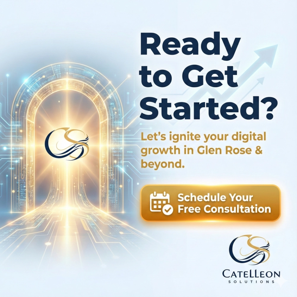 Call to action banner for Catelleon Solutions in Glen Rose, featuring a glowing digital archway and text: 'Ready to Get Started? Let's ignite your digital growth.' with a button to 'Schedule Your Free Consultation'.