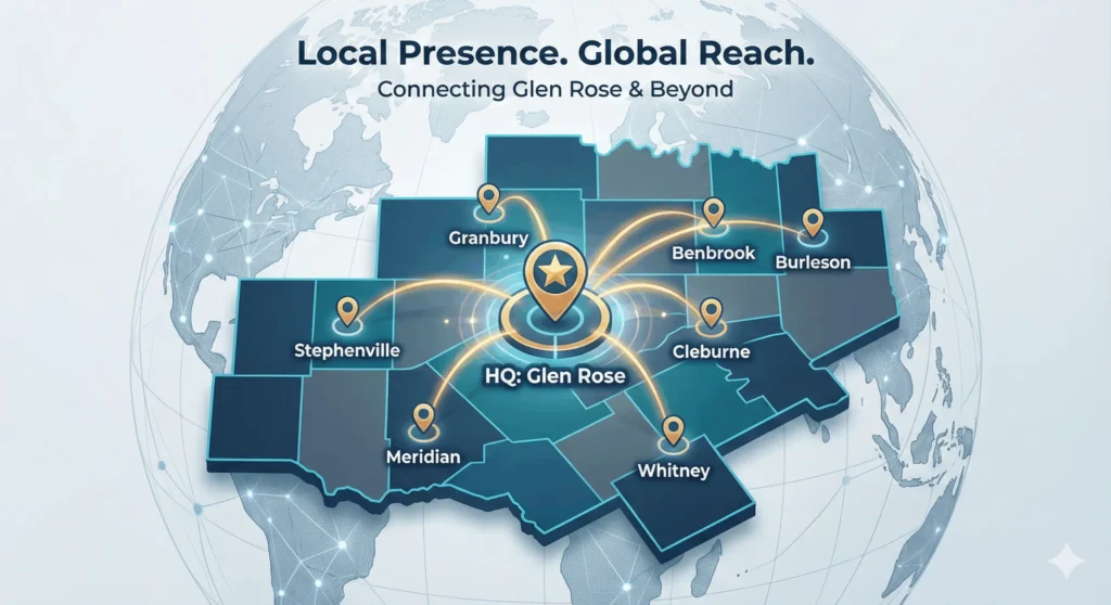 Map of North Texas showing Catelleon Solutions service areas radiating from Glen Rose HQ.