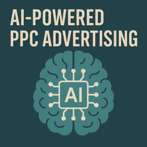 Teal banner with bold text ‘AI-Powered PPC Advertising’ and a brain icon symbolizing automation and analytics.
