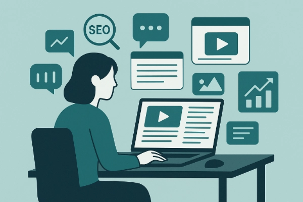 Digital illustration of marketer creating digital content with icons for SEO, social media, and analytics.