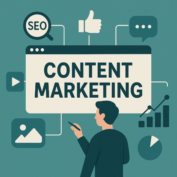 Flat illustration showing person writing on large ‘Content Marketing’ screen surrounded by icons for SEO, video, and analytics.