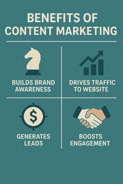 Flat infographic showing the benefits of content marketing with icons for brand awareness, traffic, leads, and engagement.