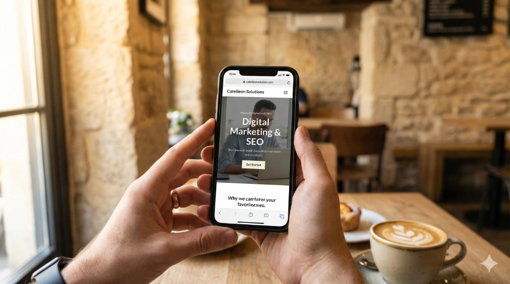Mobile-responsive website design displayed on a smartphone in a local Granbury coffee shop setting.