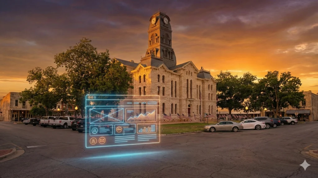 Digital web design interface overlaying the historic Granbury Square at sunset, representing modern marketing in Hood County.