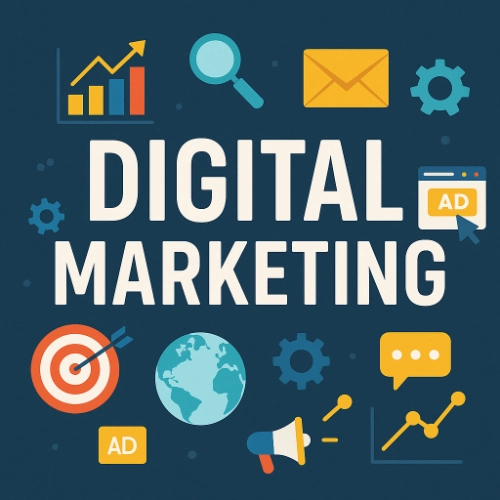 Flat design digital marketing illustration with icons representing analytics, email, ads, SEO, social media, and global outreach around bold white text.