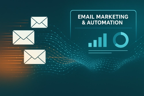 Stylized visualization of email envelopes turning into glowing data streams flowing toward an analytics dashboard labeled Email Marketing & Automation.