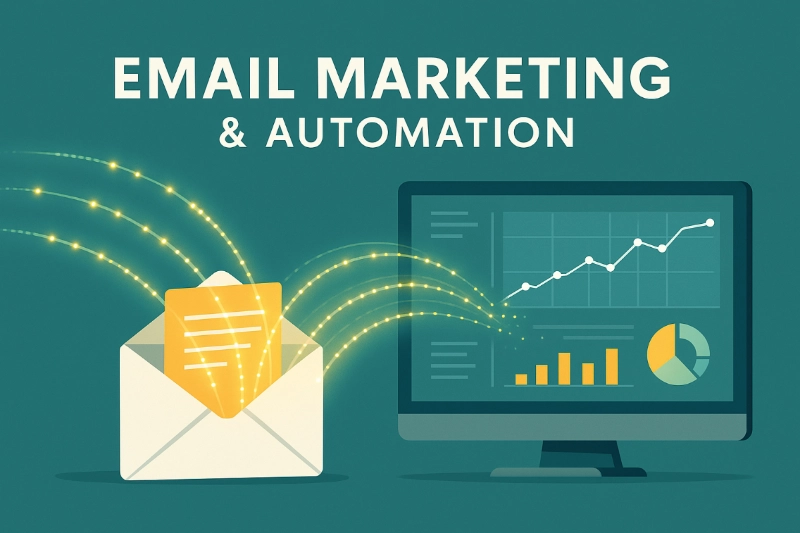 Digital illustration of an email envelope transforming into glowing data streams flowing toward a computer showing analytics charts.