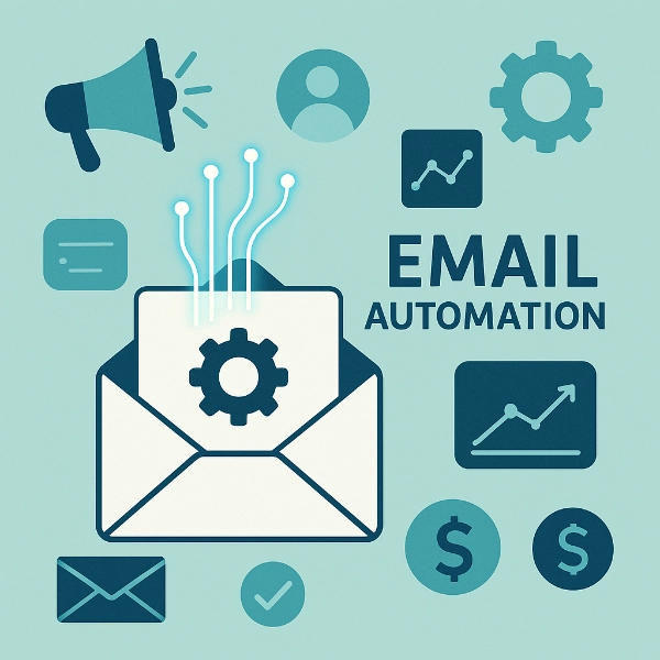 Flat design infographic showing email automation envelope surrounded by icons for ROI, analytics, engagement, and conversions
