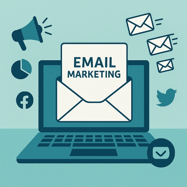 Flat design illustration of a laptop displaying the words ‘Email Marketing’ surrounded by envelopes, charts, and social icons.