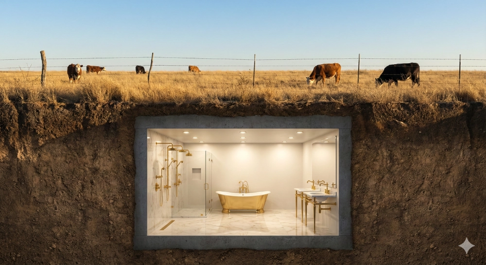 Illustration of a luxury bathroom showroom buried underground in a bunker beneath a Texas pasture, symbolizing a plumbing business with no SEO visibility.