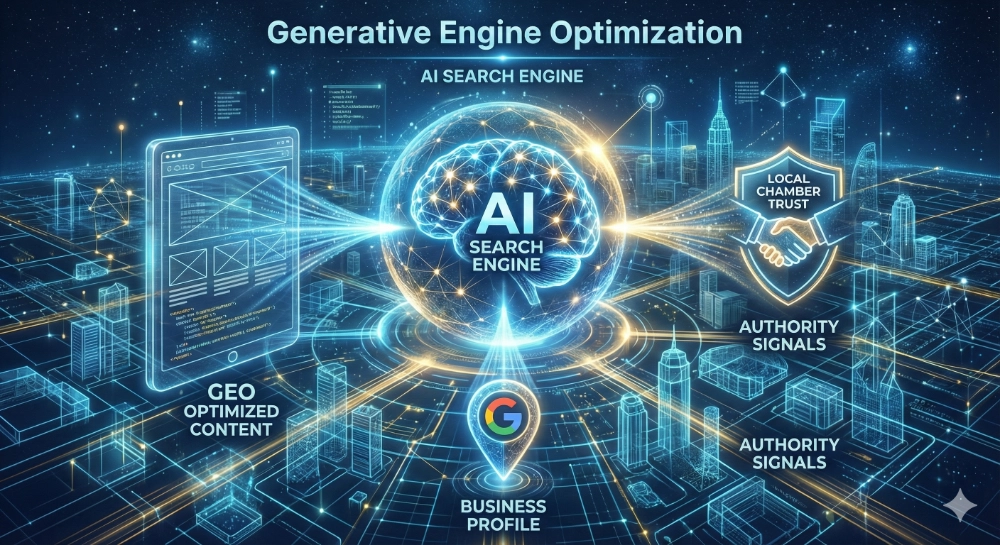 Graphic illustrating the three pillars of local SEO: Website content, Google Business Profile signals, and local authority backlinks working together.