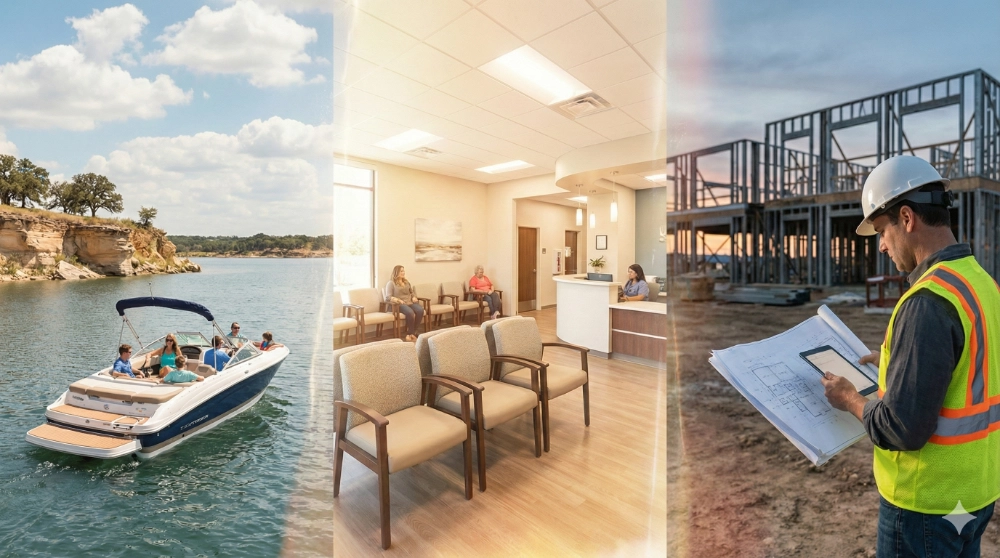 Collage of Granbury industries including lake tourism, medical professionals, and construction services.