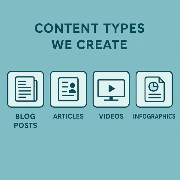 Infographic showing content types including blog posts, articles, videos, and infographics on teal background.