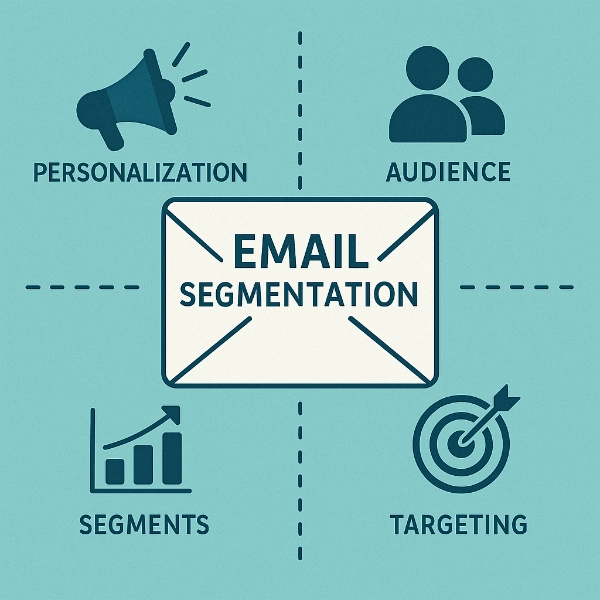 Infographic illustrating email segmentation and targeting with icons for audience, personalization, segments, and targeting.