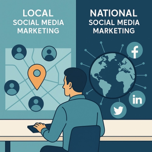 Split illustration comparing local social media marketing with a map pin to national marketing with global network and social icons.