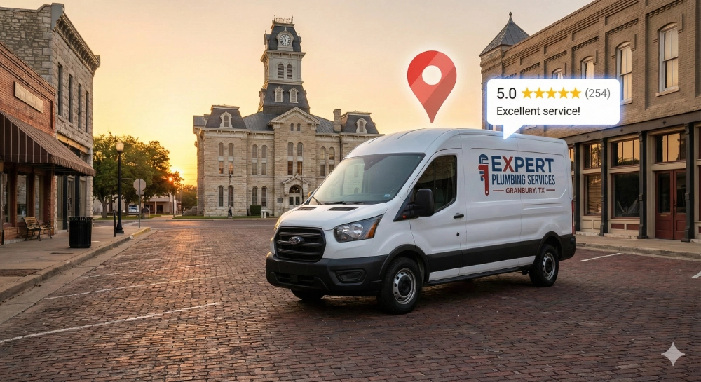 A plumbing service van parked in Granbury historic square with a digital Google Maps pin and 5-star review icon floating above it.