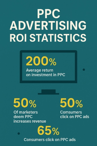 Flat design illustration of marketer reviewing PPC dashboards with charts for clicks, impressions, and conversions.