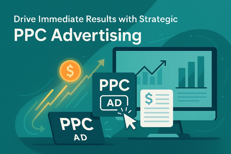 Flat digital illustration of computer showing PPC ads and analytics graphs with a dollar icon and upward arrow.
