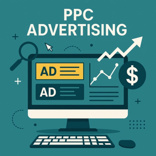 Flat digital infographic showing PPC advertising metrics with computer monitor, ads, dollar sign, and upward arrow.