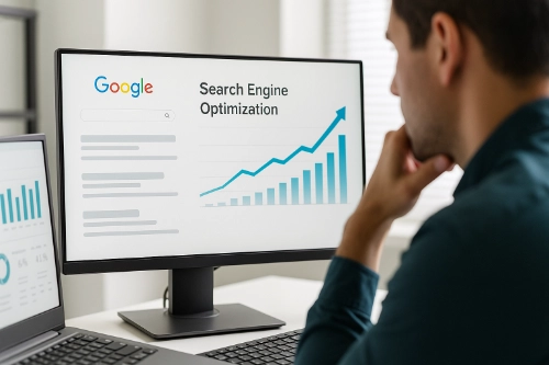 Digital marketer analyzing Google search optimization data on dual monitors showing upward traffic graph in modern Texas office.