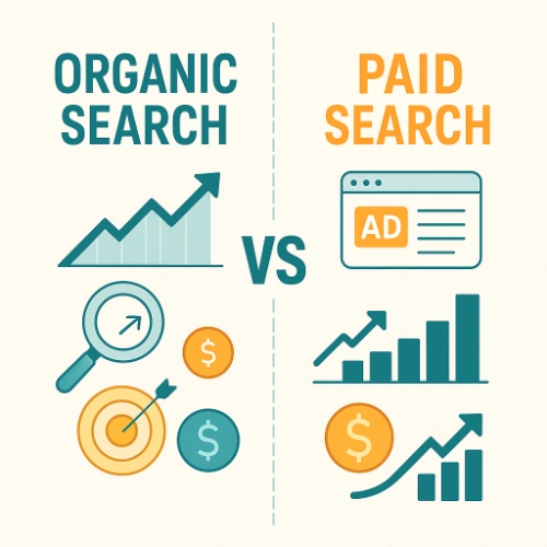 Infographic comparing organic search growth to paid advertising results.Infographic comparing organic search growth to paid advertising results.