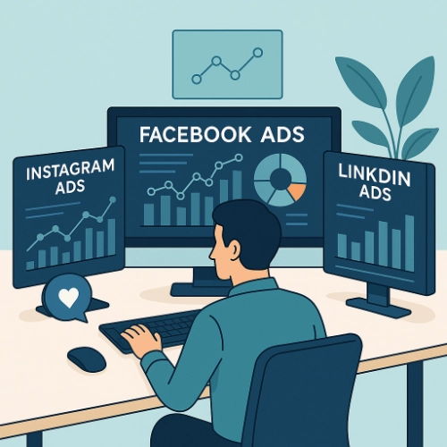 Marketer managing Facebook, Instagram, and LinkedIn dashboards on multiple monitors in a modern office.