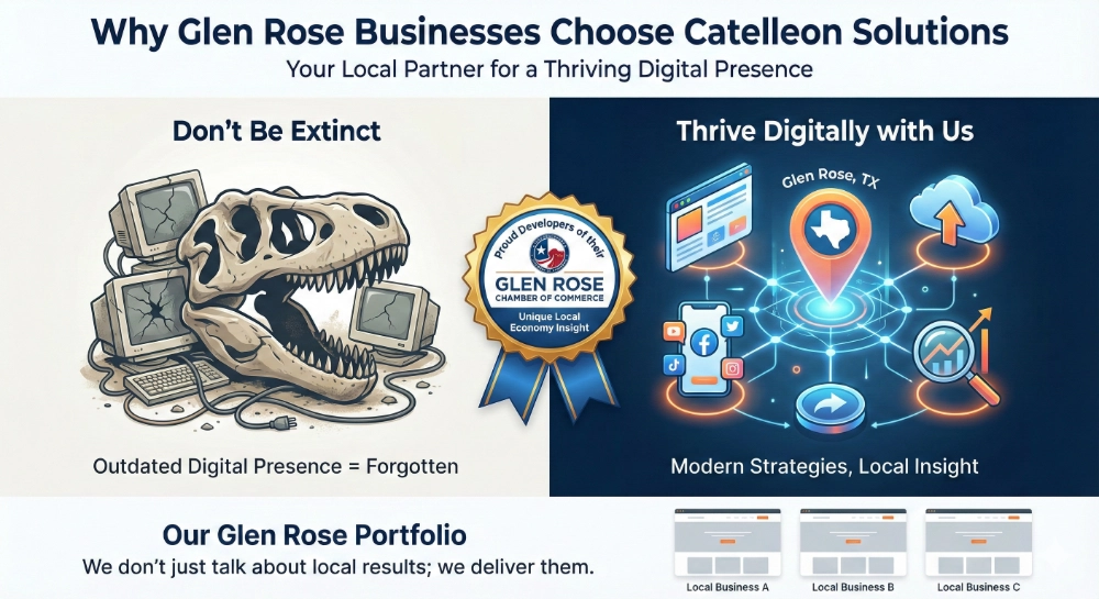 Infographic illustrating why Glen Rose businesses choose Catelleon Solutions, contrasting outdated tech with modern local strategies and highlighting their partnership with the Glen Rose Chamber of Commerce.